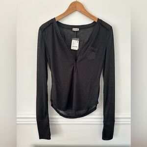 NWT Intimately Free People Sheer Long Sleeve Henley Black Top Size S